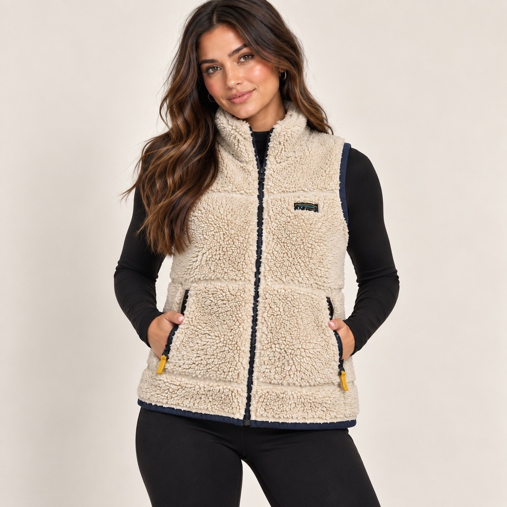 LL Bean Mountain Pile Fleece Vest Cream Navy Sherpa Retro Outdoor Jacket M